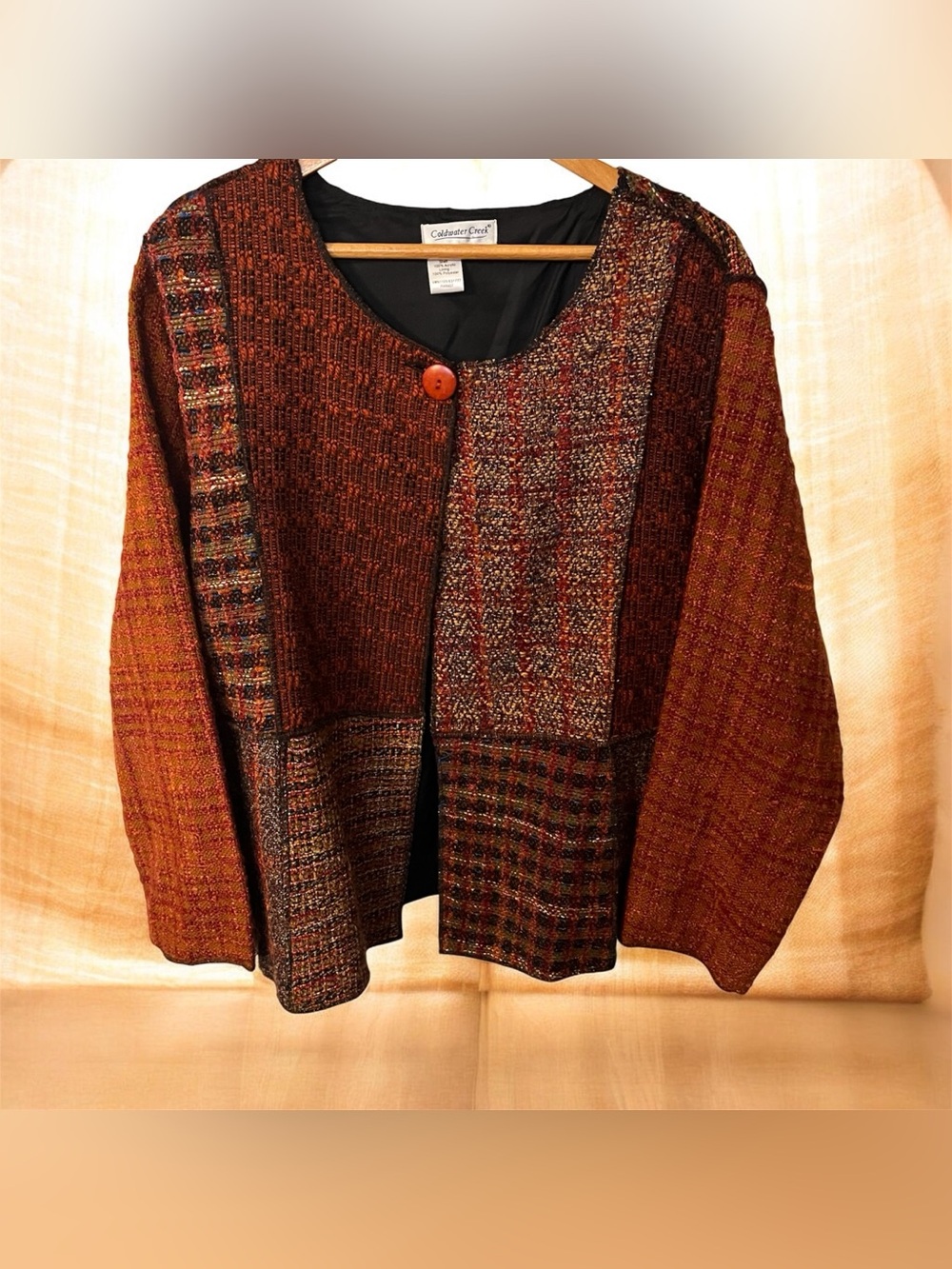COLDWATER CREEK Vintage Patchwork Tweed Multi Pattern One Button Cardigan XL